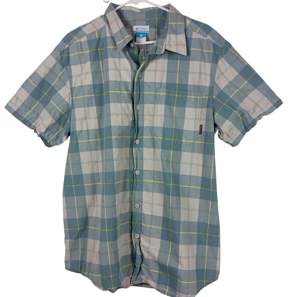 Columbia Mens Plaid Button-Up Short Sleeve Shirt L Blue Yellow Casual Wear